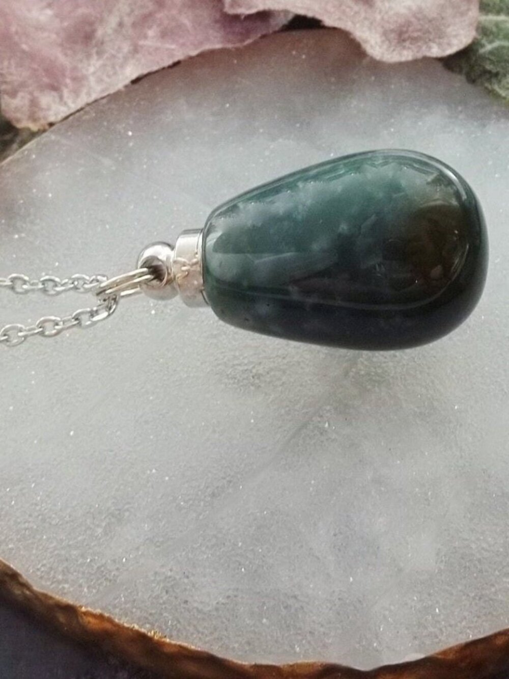 Agate Green Teal Stone Necklace Screw Cap Vial Perfume Locket Pendant